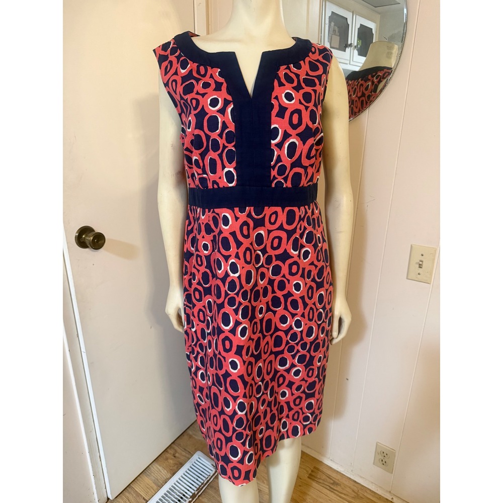 Boden Womens Pink Navy Blue Geometric Circle Print Cotton Shift Dress Size 12
